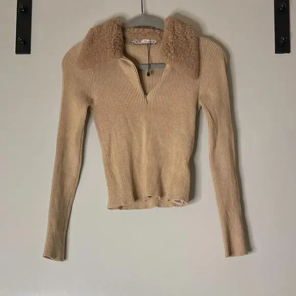 Tan Long Sleeve Top with Fur - Picture 3 of 5